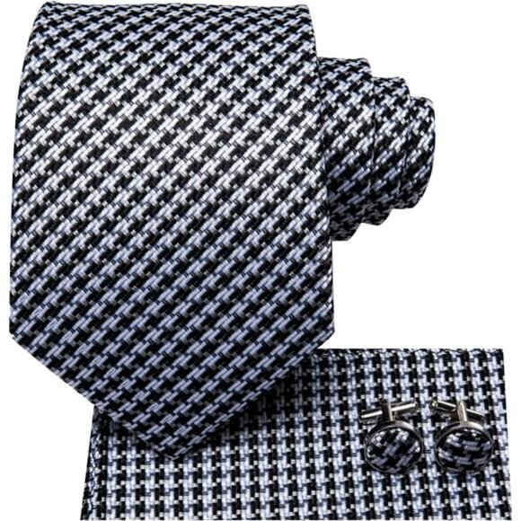 Mens Plaid Ties Classic Paisley Necktie with Handkerchief Cufflinks Set Stripe - Picture 2 of 7